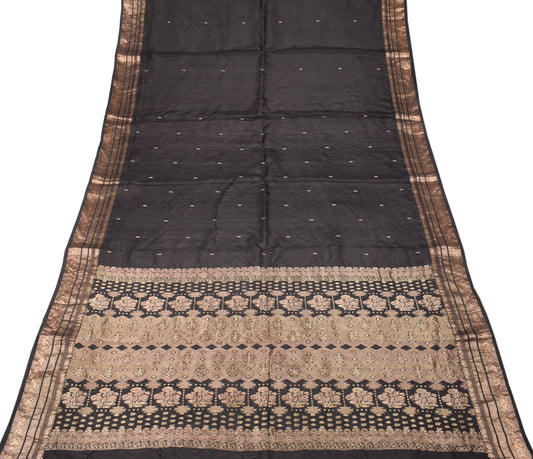 Sushila Vintage Pure Banarasi Silk Saree Zari Brocade Black Sari Craft Fabric