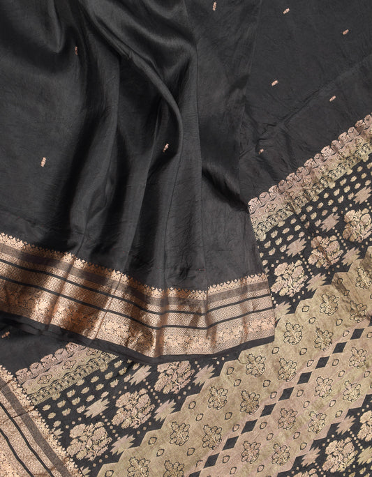 Sushila Vintage Pure Banarasi Silk Saree Zari Brocade Black Sari Craft Fabric