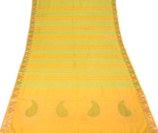 Sushila Vintage Yellow Green Saree Pure Silk Gold Zari Brocade Soft Sari Craft Fabric