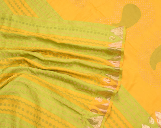 Sushila Vintage Yellow Green Saree Pure Silk Gold Zari Brocade Soft Sari Craft Fabric