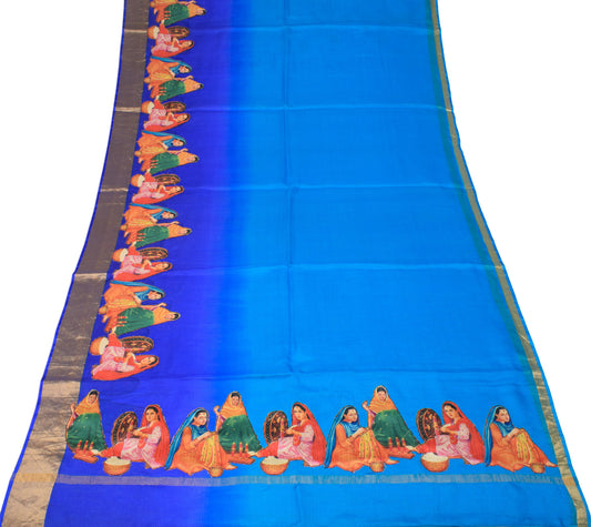 Sushila Vintage Blue Saree Art Silk Applique Work Figure Soft Sari Craft Fabric