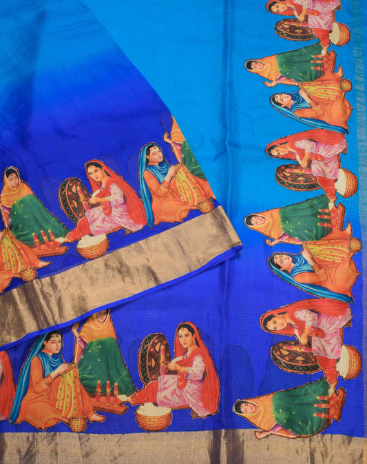 Sushila Vintage Blue Saree Art Silk Applique Work Figure Soft Sari Craft Fabric