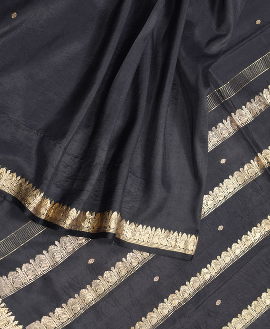 Sushila Vintage Black Banarasi Handloom Saree Pure Silk Gold Zari Sari Craft Fabric