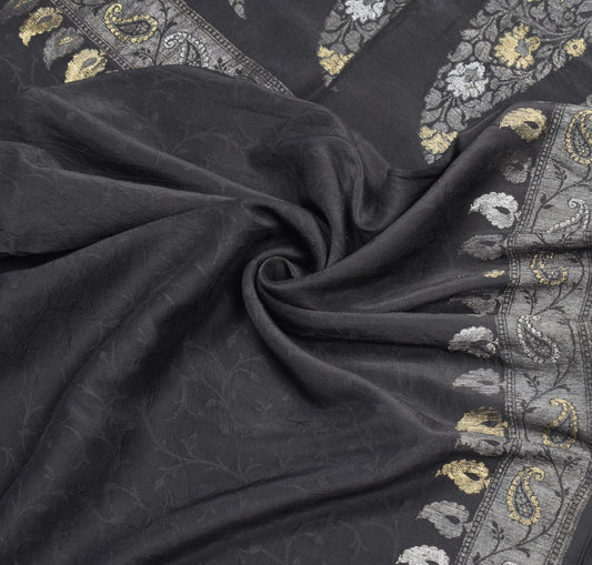 Sushila Vintage Black Saree Self & Zari Woven Pure Silk Soft Sari Craft Fabric