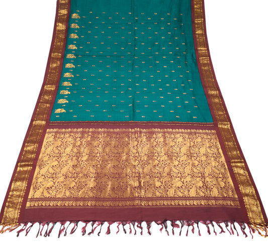 Sushila Vintage Teal Green Kanjivaram Saree Pure Silk HEAVY Zari Work Sari Fabric
