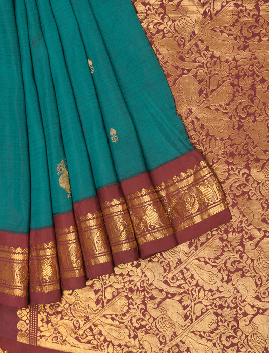 Sushila Vintage Teal Green Kanjivaram Saree Pure Silk HEAVY Zari Work Sari Fabric
