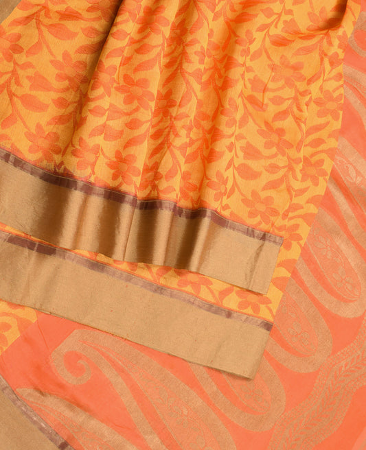 Sushila Vintage Orange Saree Woven Floral Pure Cotton Silk Sari Craft Fabric