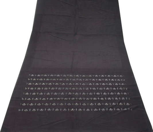 Sushila Vintage Black Pure Crepe Silk Saree Hand Woven Brocade Sari Craft Fabric