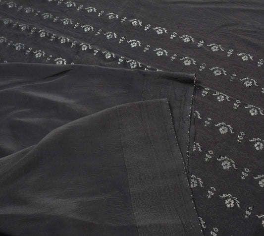 Sushila Vintage Black Pure Crepe Silk Saree Hand Woven Brocade Sari Craft Fabric