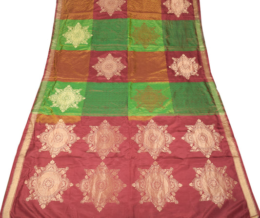 Sushila Vintage Multi-Color Saree Hand Woven Pure South Silk Soft Sari Craft Fabric
