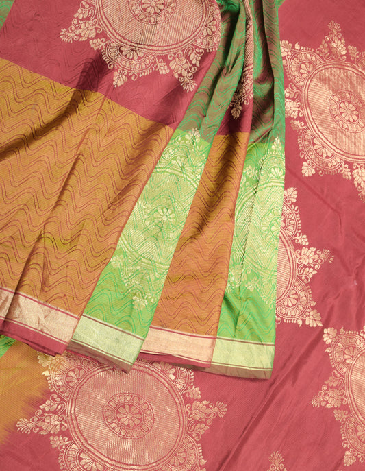 Sushila Vintage Multi-Color Saree Hand Woven Pure South Silk Soft Sari Craft Fabric