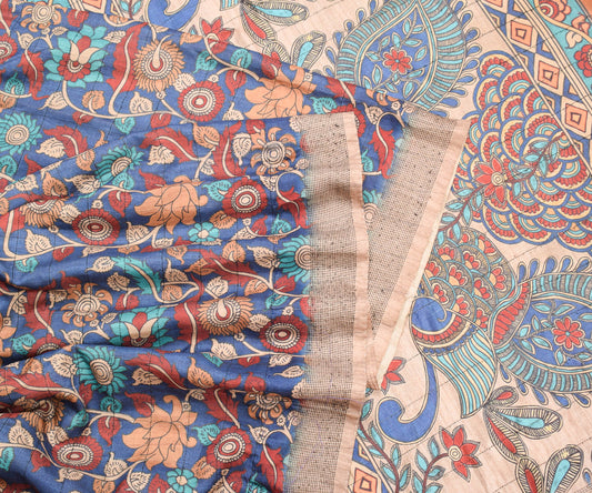 Sushila Vintage Hand Printed Kalamkari Saree Blue art Silk Sari Soft Craft Fabric