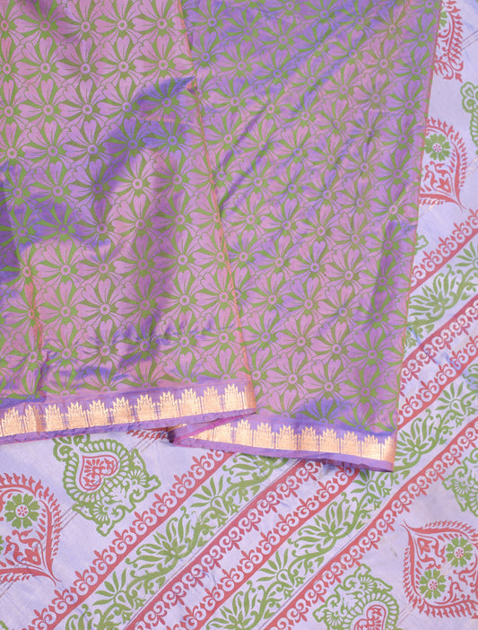 Sushila Vintage Purple Dual Toned Saree Floral Printed Art Silk Sari Craft Fabric
