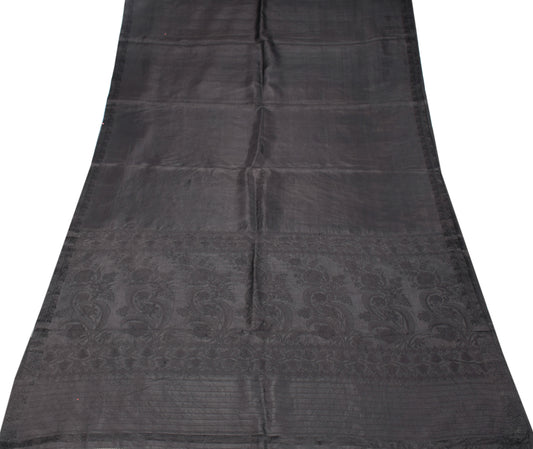 Sushila Vintage Black Pure Silk Saree Floral Hand Woven Soft Sari Craft Fabric