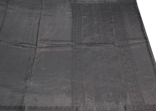 Sushila Vintage Black Pure Silk Saree Floral Hand Woven Soft Sari Craft Fabric
