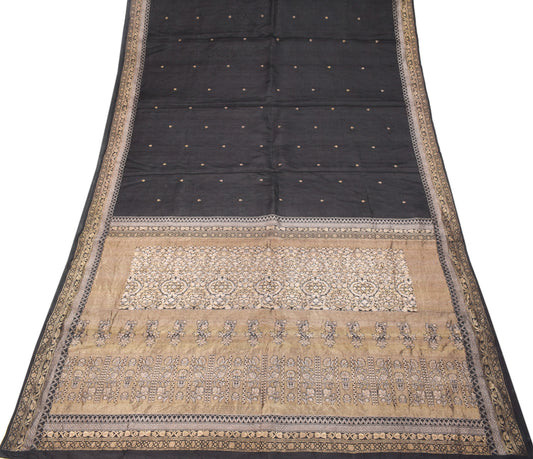 Sushila Vintage Pure Banarasi Silk Saree Zari Brocade Black Soft Sari Craft Fabric
