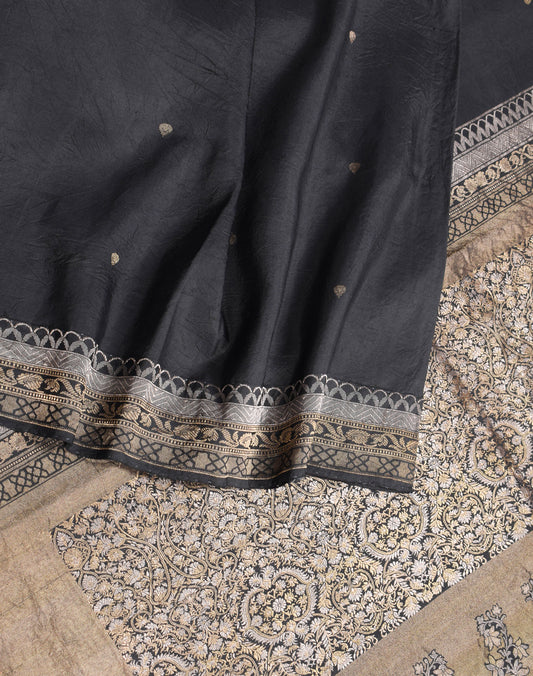 Sushila Vintage Pure Banarasi Silk Saree Zari Brocade Black Soft Sari Craft Fabric