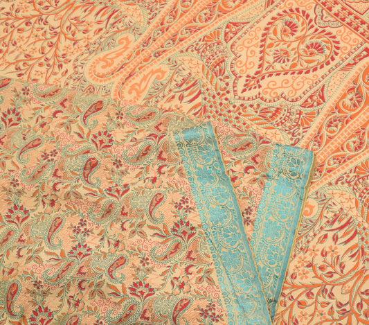 Sushila Vintage Paisley Printed Saree Woven Border Art Cotton Silk Beige Sari Fabric