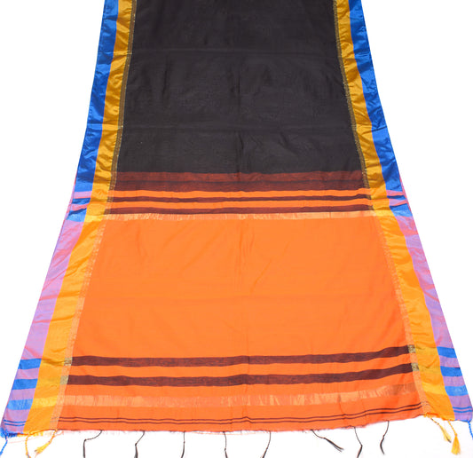 Sushila Vintage Black Saree Woven Contrast Border Pallu Art Cotton Silk Sari 6YD Fabric