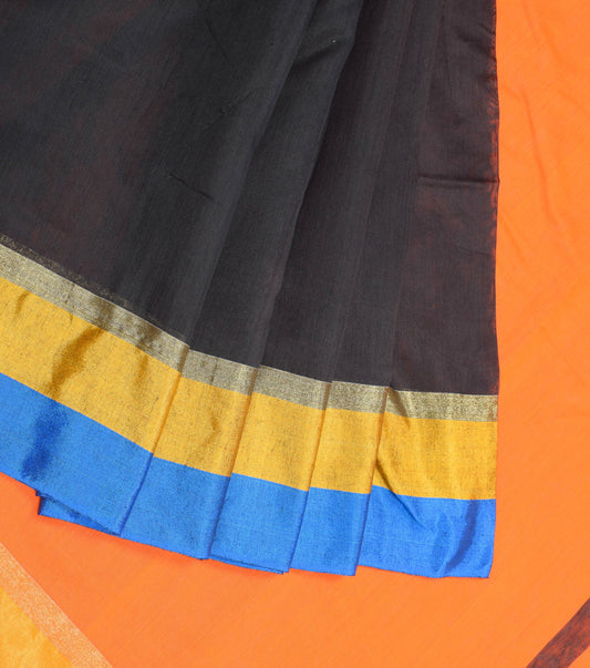 Sushila Vintage Black Saree Woven Contrast Border Pallu Art Cotton Silk Sari 6YD Fabric