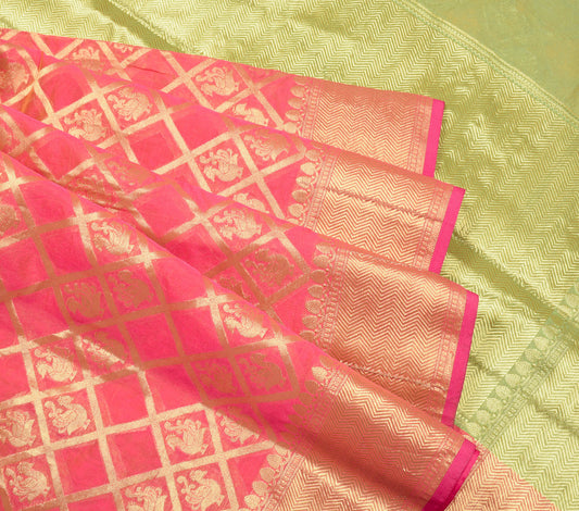 Sushila Vintage Pink Kanchipuram Saree Art Silk Gold Zari Brocade Sari Craft Fabric