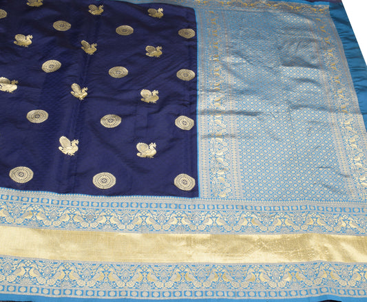 Sushila Vintage Blue Kanchipuram Saree Art Silk Gold Zari Brocade Sari Craft Fabric