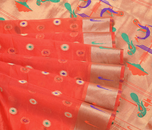Sushila Vintage Paithani Woven Saree Art Silk Red Wedding Sari Craft Fabric