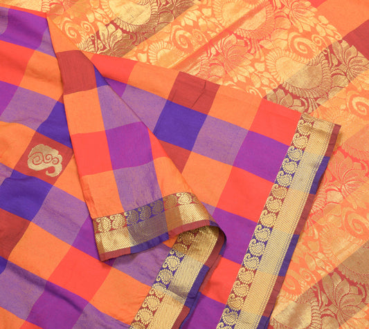 Sushila Vintage Multi-Color Kanchipuram Saree Art Cotton Silk Woven Sari Craft Fabric