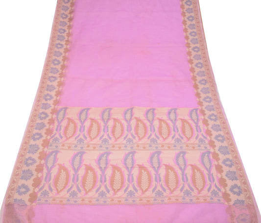 Sushila Vintage Art Silk Pink Saree Floral Woven Sari Checks Base Craft Fabric