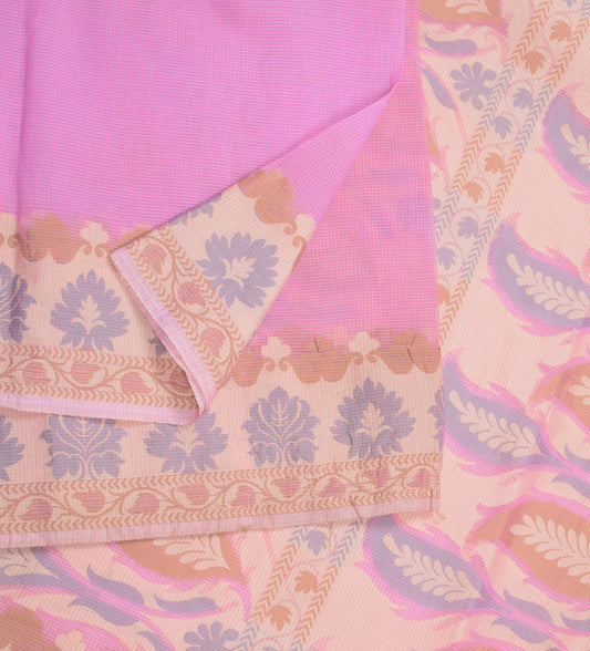 Sushila Vintage Art Silk Pink Saree Floral Woven Sari Checks Base Craft Fabric