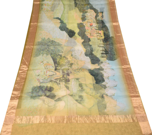 Sushila Vintage Kangra Miniature Art Printed Heritage Saree Pure Organza 6YD Sari