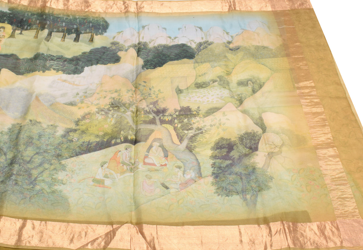 Sushila Vintage Kangra Miniature Art Printed Heritage Saree Pure Organza 6YD Sari