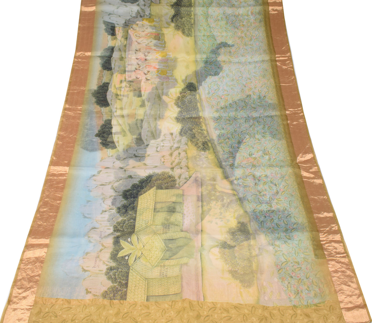 Sushila Vintage Kangra Miniature Art Printed Heritage Saree Pure Organza 6YD Sari