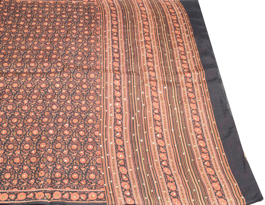 Sushila Vintage Floral Black Saree Mirror Embroidered Pure Silk Sari Craft Fabric