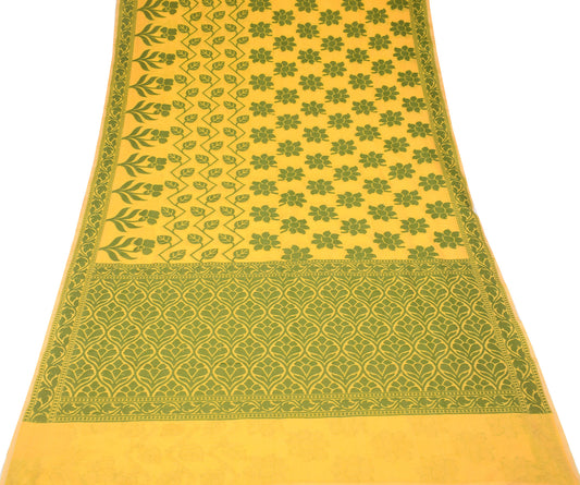 Sushila Vintage Yellow Green Saree Woven Floral Art Cotton Silk Sari Craft Fabric