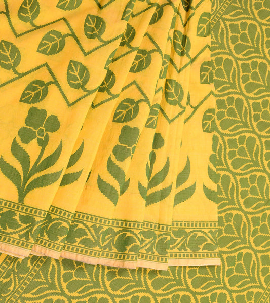 Sushila Vintage Yellow Green Saree Woven Floral Art Cotton Silk Sari Craft Fabric