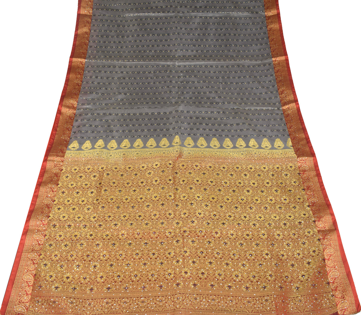 Sushila Vintage Banarasi Heavy Saree Art Satin Silk Brocade Gray Sari Fabric