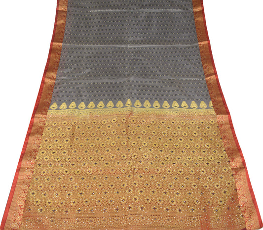 Sushila Vintage Banarasi Heavy Saree Art Satin Silk Brocade Gray Sari Fabric