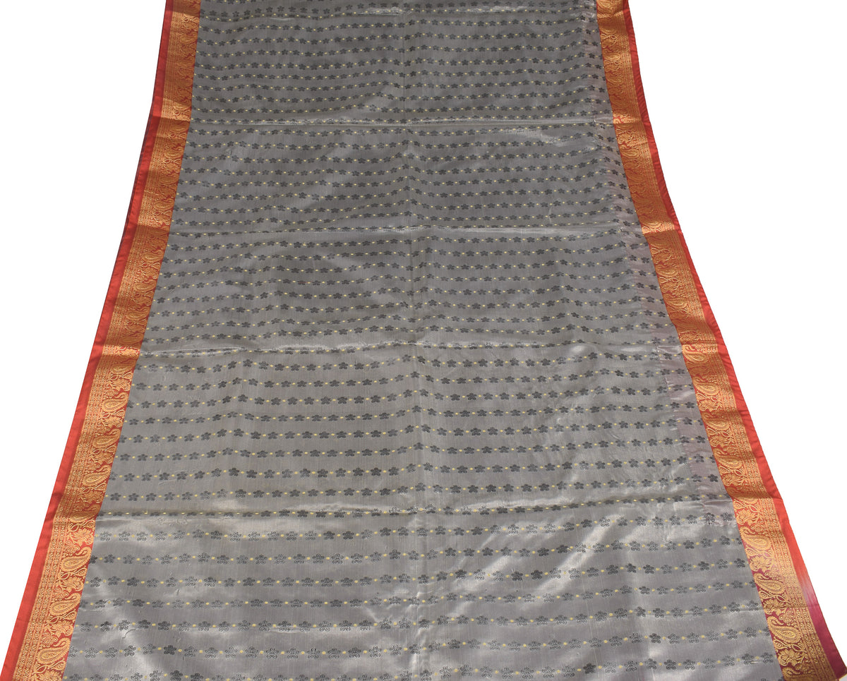 Sushila Vintage Banarasi Heavy Saree Art Satin Silk Brocade Gray Sari Fabric