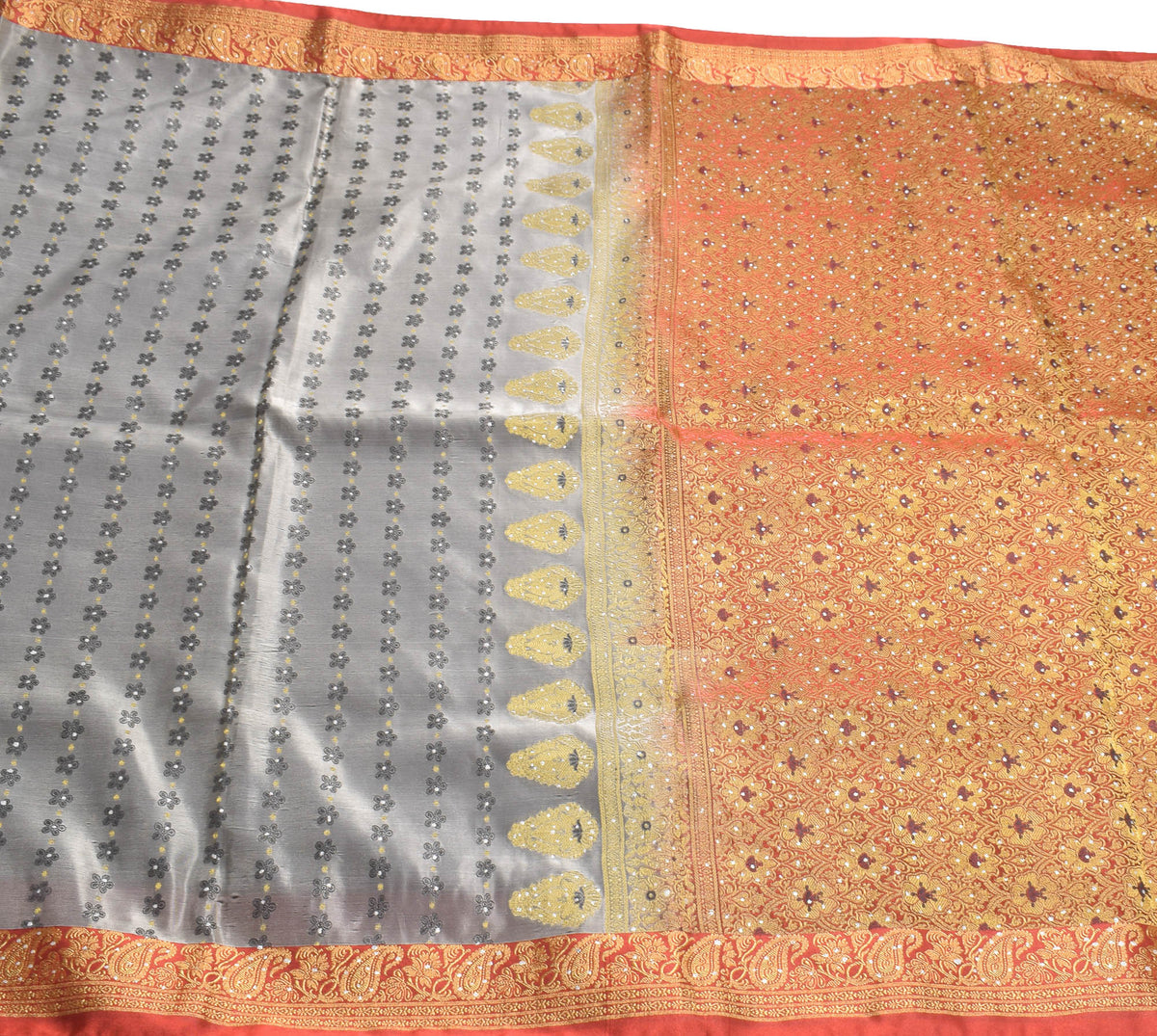 Sushila Vintage Banarasi Heavy Saree Art Satin Silk Brocade Gray Sari Fabric