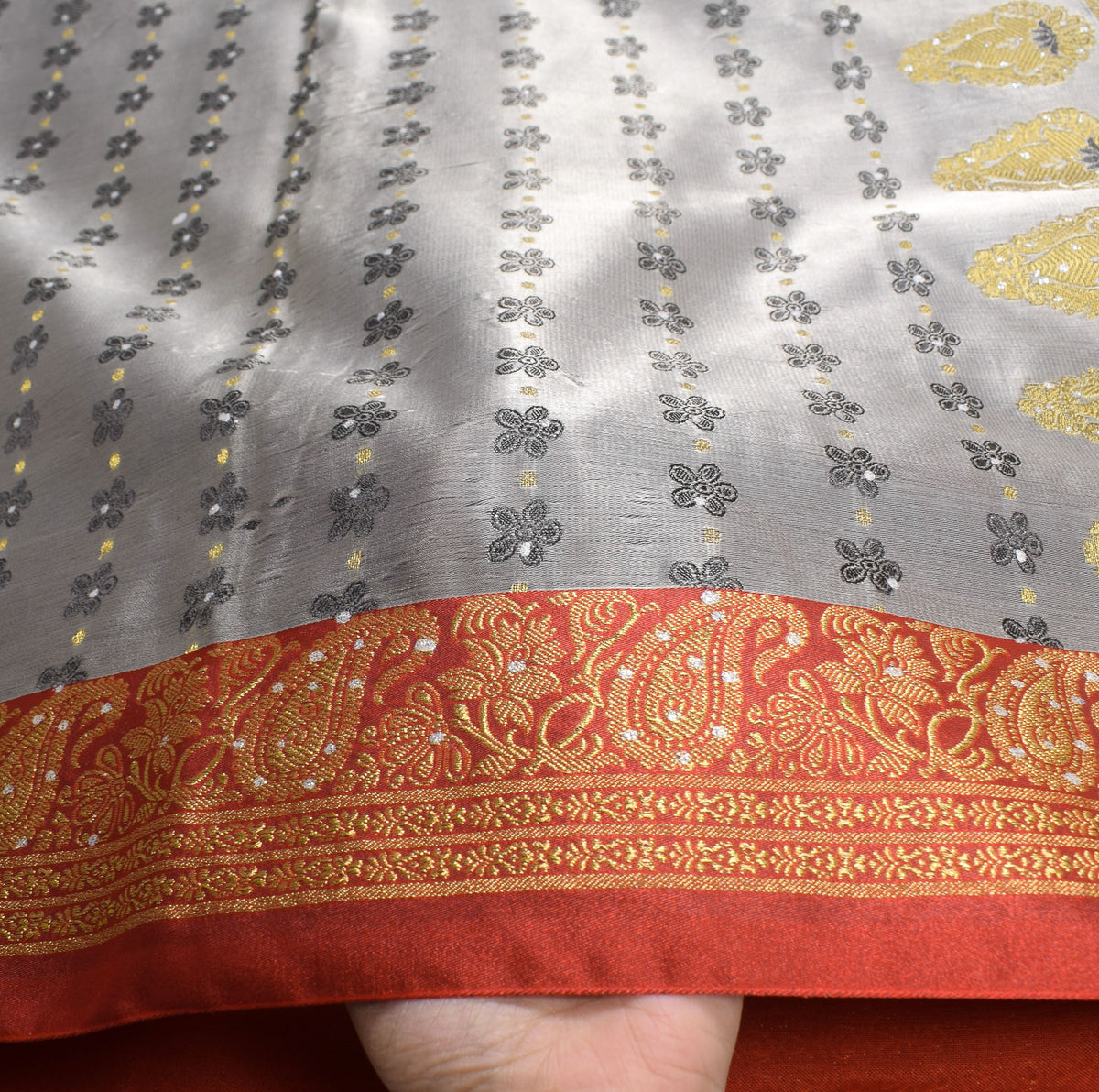 Sushila Vintage Banarasi Heavy Saree Art Satin Silk Brocade Gray Sari Fabric