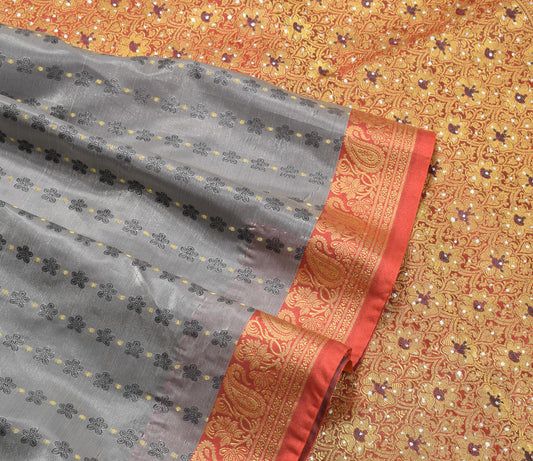 Sushila Vintage Banarasi Heavy Saree Art Satin Silk Brocade Gray Sari Fabric