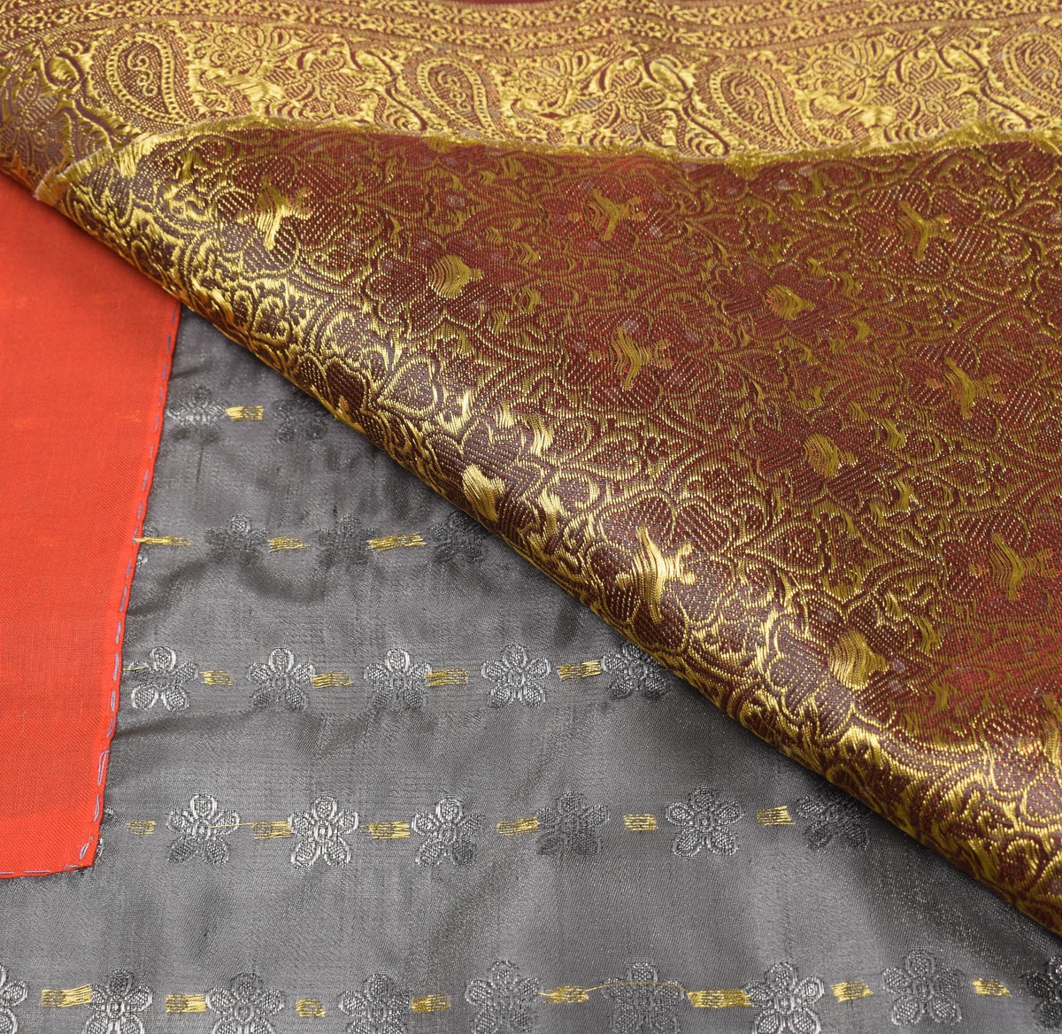 Sushila Vintage Banarasi Heavy Saree Art Satin Silk Brocade Gray Sari Fabric