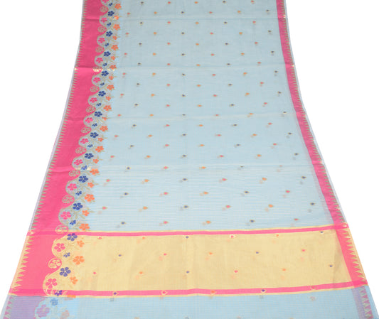 Sushila Vintage Sky Blue Saree Art Cotton Silk Zari Woven Sari Craft Fabric