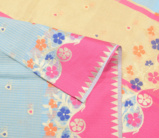 Sushila Vintage Sky Blue Saree Art Cotton Silk Zari Woven Sari Craft Fabric