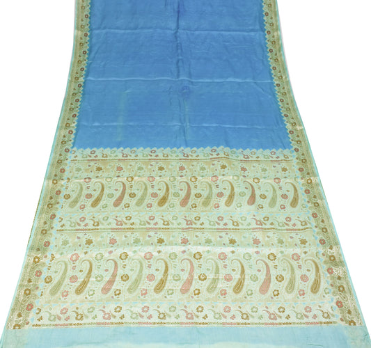 Sushila Vintage Turquoise Blue Saree Pure Tussar Silk Zari Woven 5Yd Sari Craft Fabric
