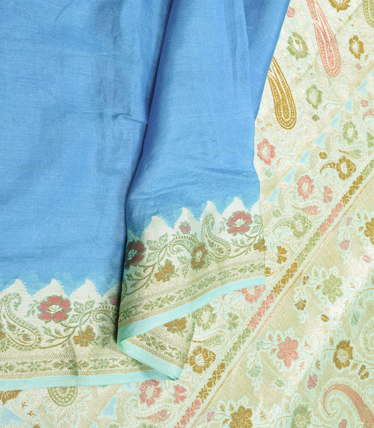 Sushila Vintage Turquoise Blue Saree Pure Tussar Silk Zari Woven 5Yd Sari Craft Fabric