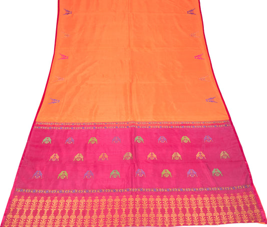 Sushila Vintage Orange Magenta Saree Pure Silk Paithani Parrot Woven Sari Craft Fabric