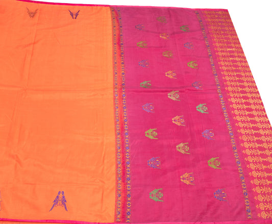 Sushila Vintage Orange Magenta Saree Pure Silk Paithani Parrot Woven Sari Craft Fabric
