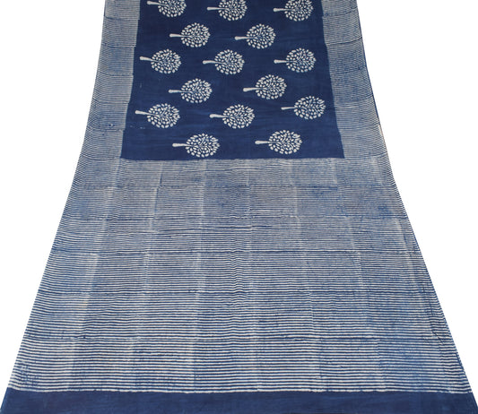 Sushila Vintage Indigo Sari Hand Block Printed Soft Pure Cotton Mulmul Saree Fabric